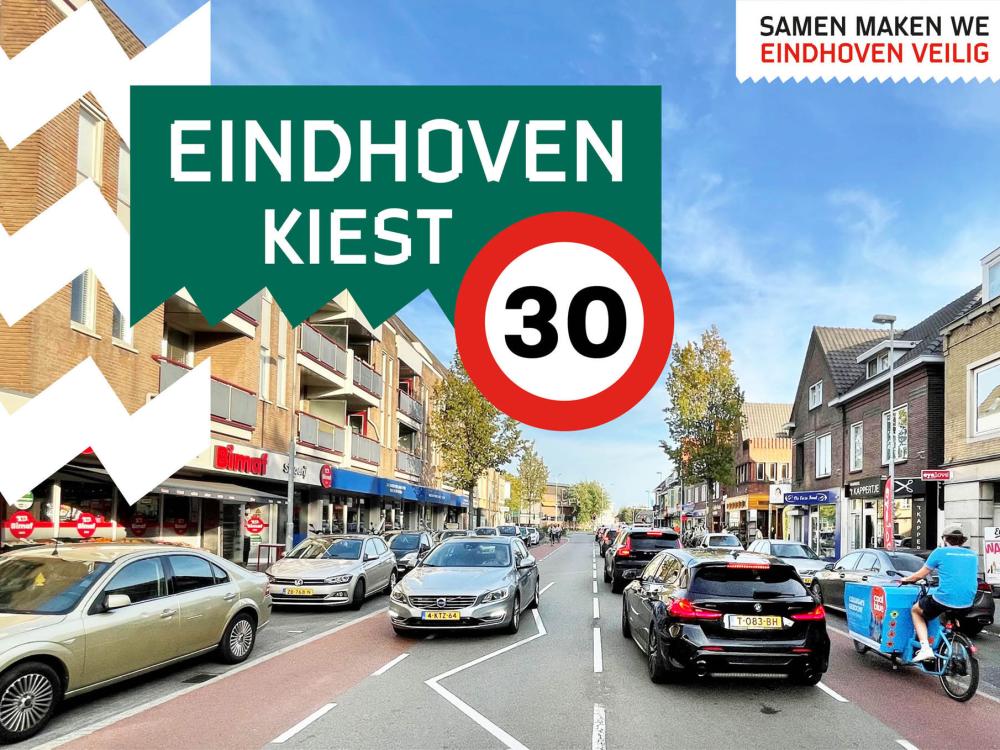 Afbeelding van een straat met auto's en fietsers en de tekst Eindhoven kiest 30