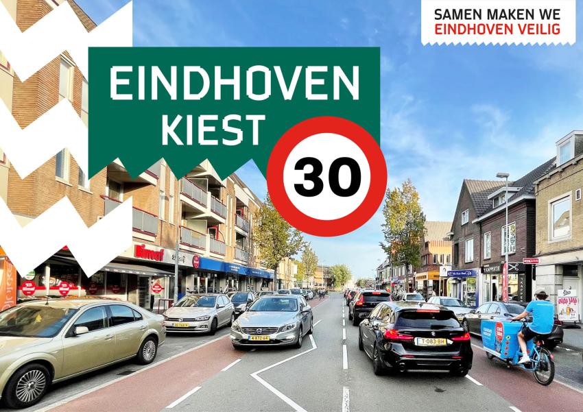 Afbeelding van een straat met auto's en fietsers en de tekst Eindhoven kiest 30