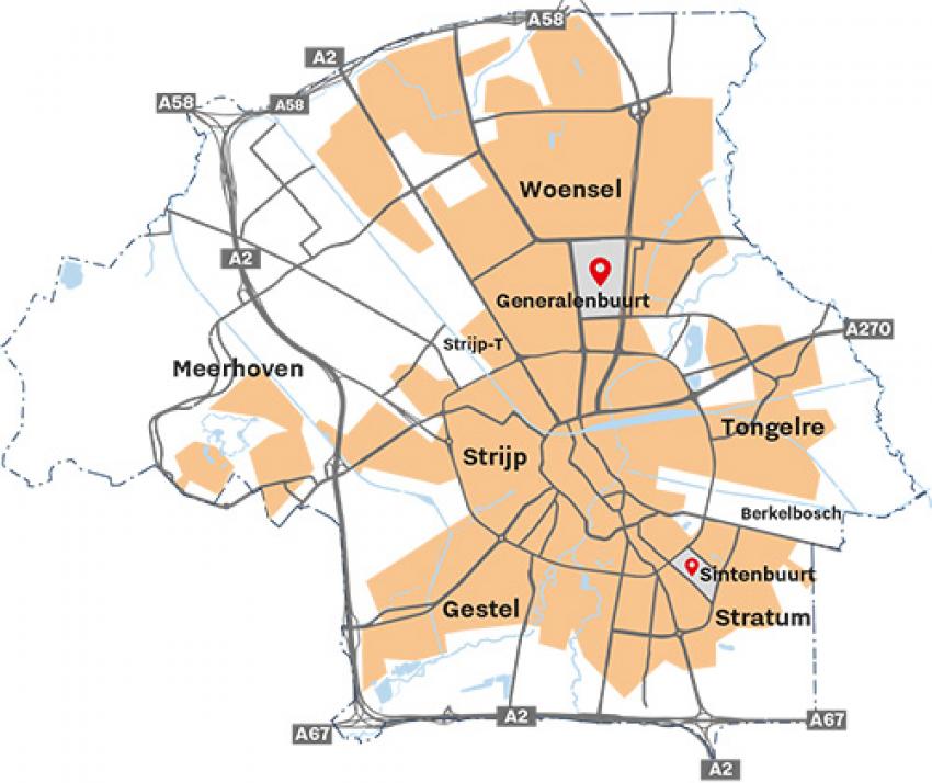 Overzichtskaart Eindhoven met Generalenbuurt en Sintenbuurt uitgelicht