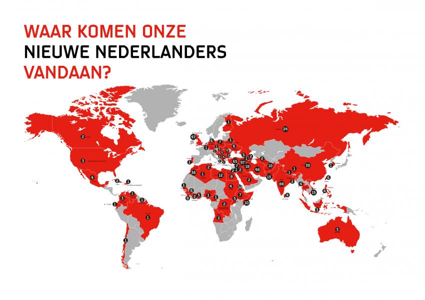 Wereldkaart met landen van herkomst van Eindhovenaren die in 2019 de Nederlandse nationaliteit