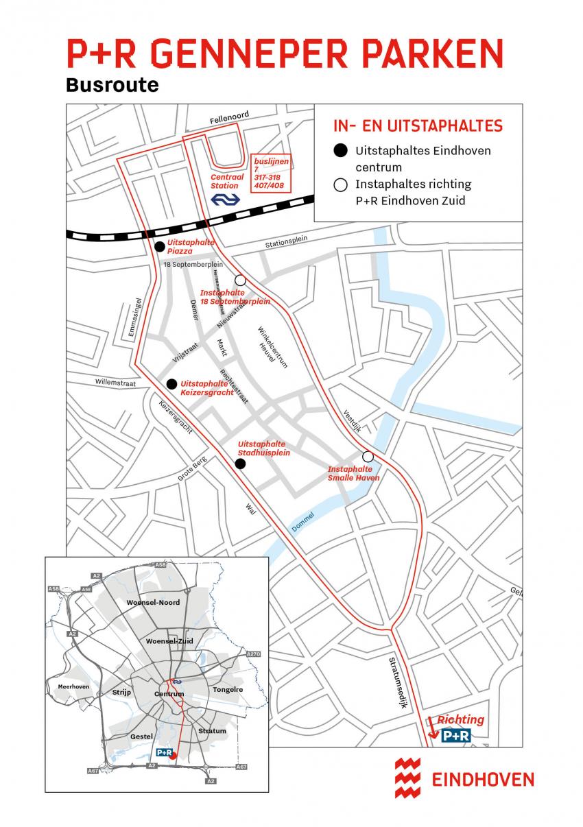 Kaart met daarop de buslijnen vanaf P en R Genneper Parken, klik voor een vergroting