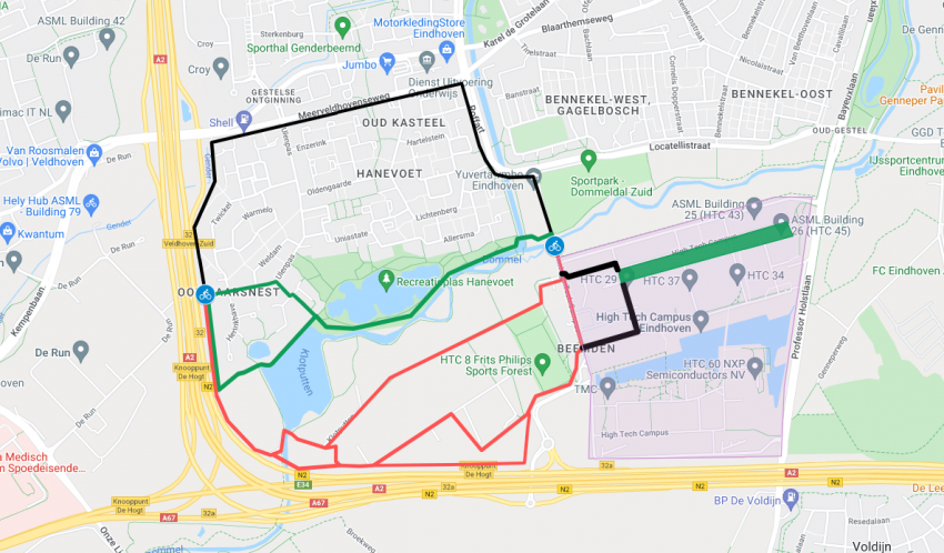 Kaartweergave van het gebied van de fietsroute