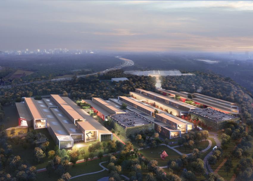 Een afbeelding met een impressie van Brainport Industries Campus 2. Op de afbeelding staan de verschillende gebouwen weergegeven, klik voor een vergroting
