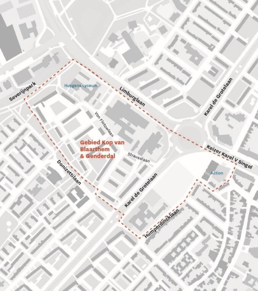Plattegrond van gebied Kop van Blaarthem en Genderdal, klik voor een vergroting