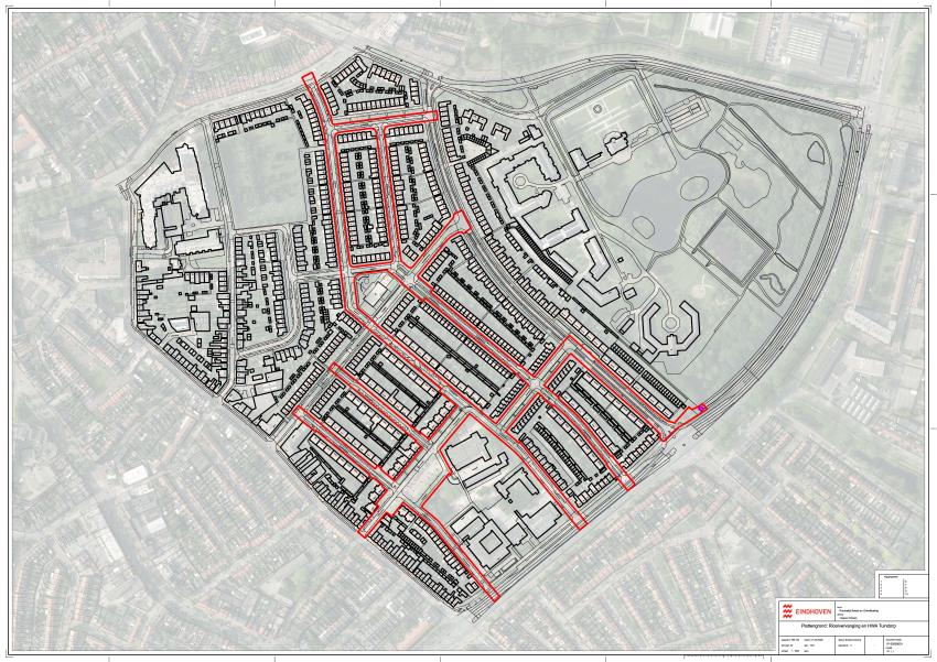 Kaart met daarop gemarkeerde straten binnen Tuindorp waar het riool vervangen gaat worden, klik voor een vergroting