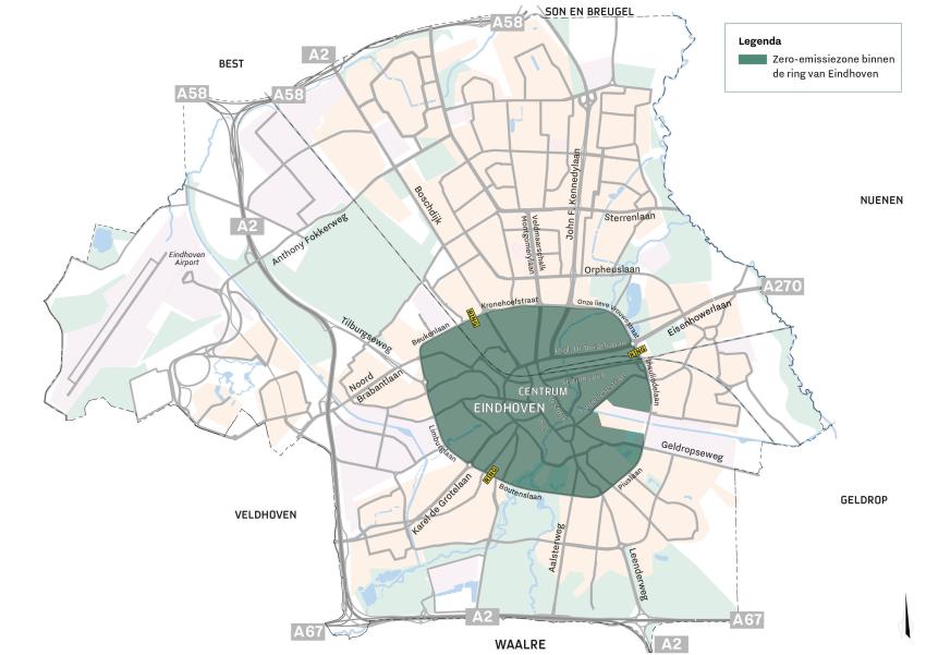 Deze kaart geeft de emissievrije zone binnen de Ring van Eindhoven weer, klik voor een vergroting