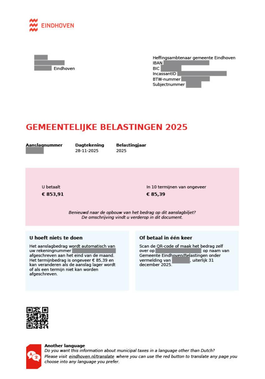 Voorbeeld van nieuwe aanslag belastingen