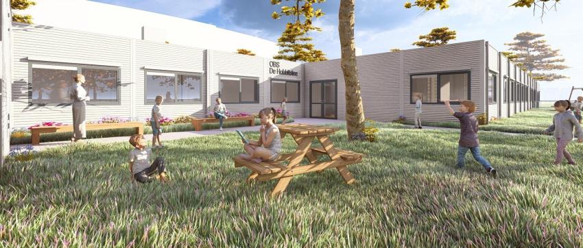 Dit is een impressie van het tijdelijk schoolgebouw aan de Donizettilaan. De afbeelding is afkomstig van VDL de Meeuw, klik voor een vergroting