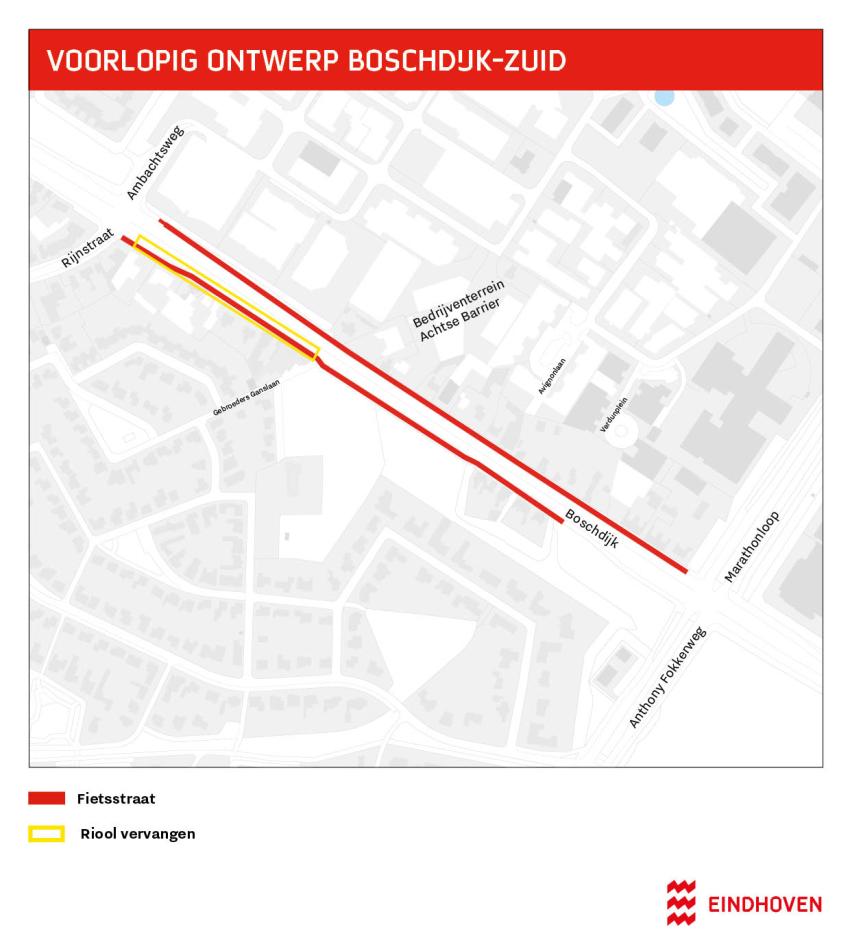 Tekening met de ligging van de nieuwe fietsstraten langs de Boschdijk, van de Rijnstraat tot aan de Marathonloop. Tussen de Rijnstraat en de Gebroeders Ganslaan wordt ook het riool vervangen, klik voor een vergroting
