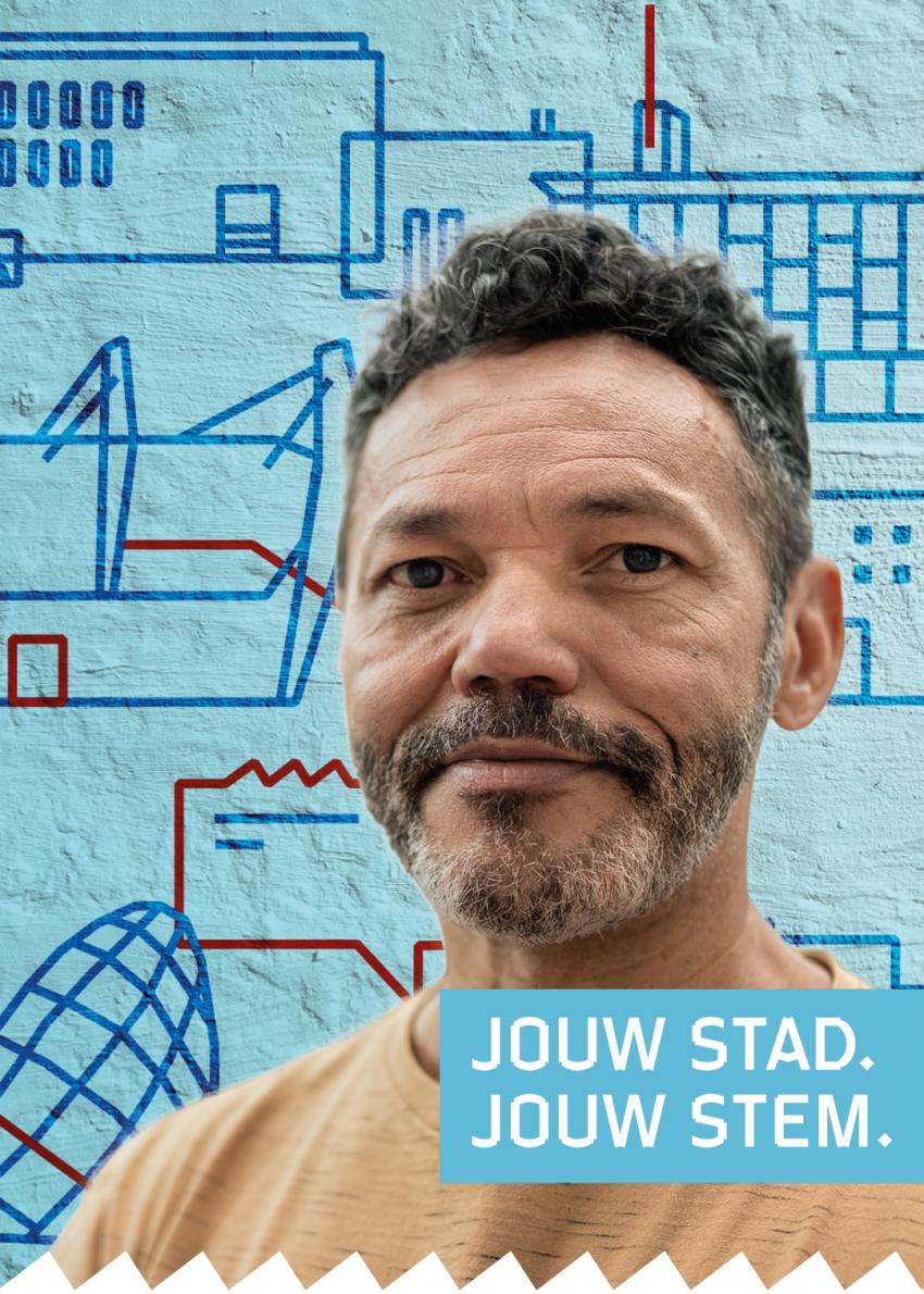 Afbeelding van een man met daaronder de tekst 'Jouw stad. Jouw stem.'