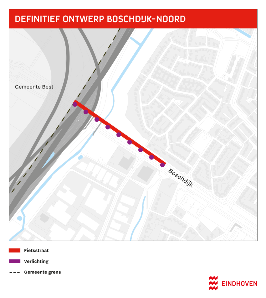 Tekening met de ligging van de nieuwe fietsstraat langs de Boschdijk, vanaf de inrit tot aan gemeente Best, klik voor een vergroting