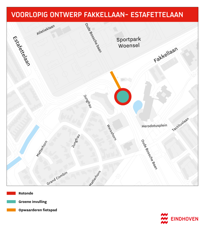 Het ontwerp van de nieuwe situatie Fakkellaan - Estafettelaan waarbij de huidige kruising wordt aangepast naar een rotonde, klik voor een vergroting