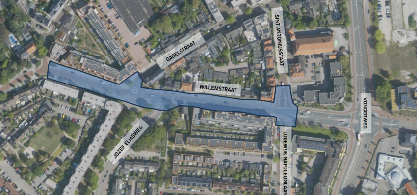Op deze afbeelding wordt een kaart van het projectgebied Willemstraat weergegeven, klik voor een vergroting