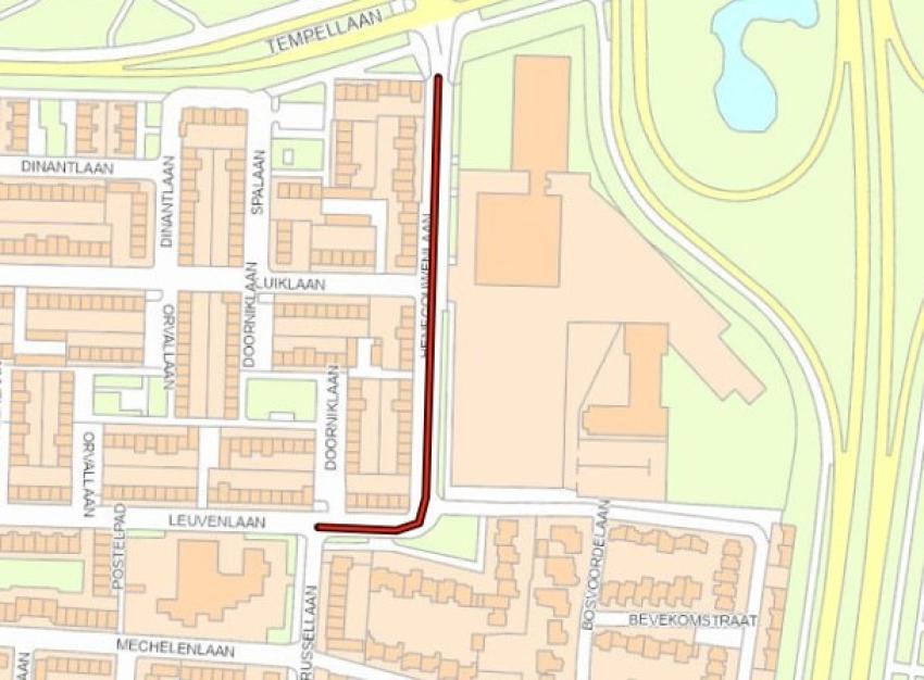 Kaart met het projectgebied voor de herinrichting: de Henegouwenlaan vanaf de Tempellaan tot aan de kruising met de Brussellaan, klik voor een vergroting