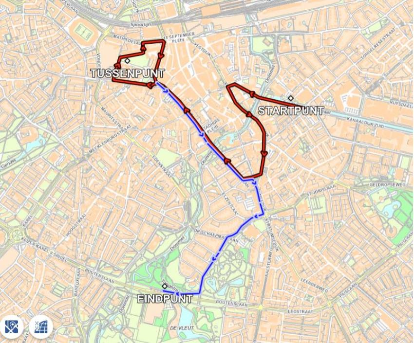 Plattegrond van de route die in de tekst omschreven wordt.