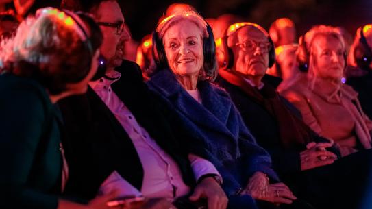 Publiek luistert naar muziek tijdens de openingsshow, klik voor een vergroting