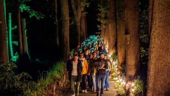 Bezoekers maken een avondwandeling tussen de bomen van het Lichtbos, klik voor een vergroting