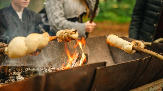 Kinderen roosteren hapjes boven het vuur met Scouting Wielewaal, klik voor een vergroting