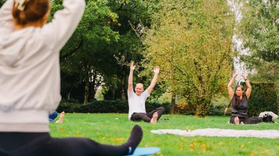 Een yogales in het gras, klik voor een vergroting