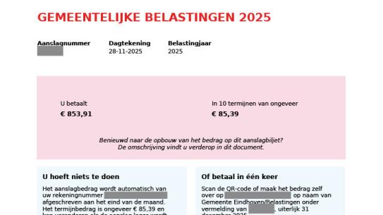 Voorbeeld van nieuwe aanslag belastingen, klik voor een vergroting
