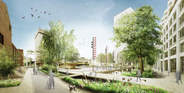 Deze afbeelding geeft een toekomstige weergave van het Stadhuisplein weer.