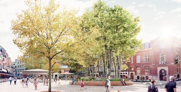 Op deze afbeelding wordt de nieuwe inrichting van de Markt in Eindhoven weergegeven.