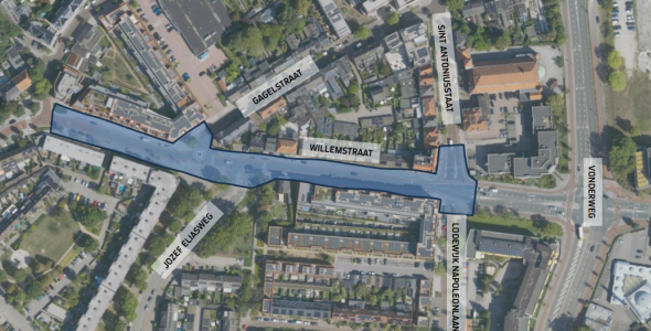 Op deze afbeelding wordt een kaart van het projectgebied Willemstraat weergegeven.