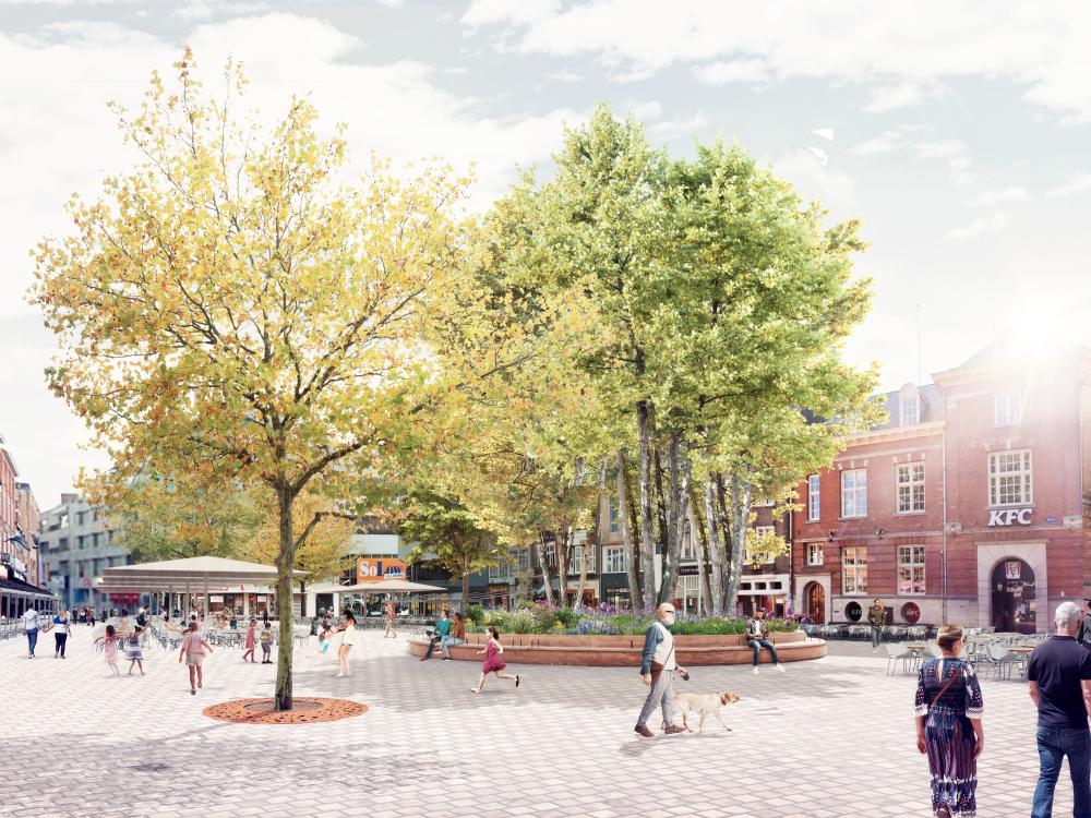 Op deze afbeelding wordt de nieuwe inrichting van de Markt in Eindhoven weergegeven.
