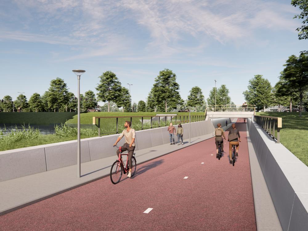 Deze afbeelding geeft de toekomtige fiets- en voetgangerstunnel op de Limburglaan weer